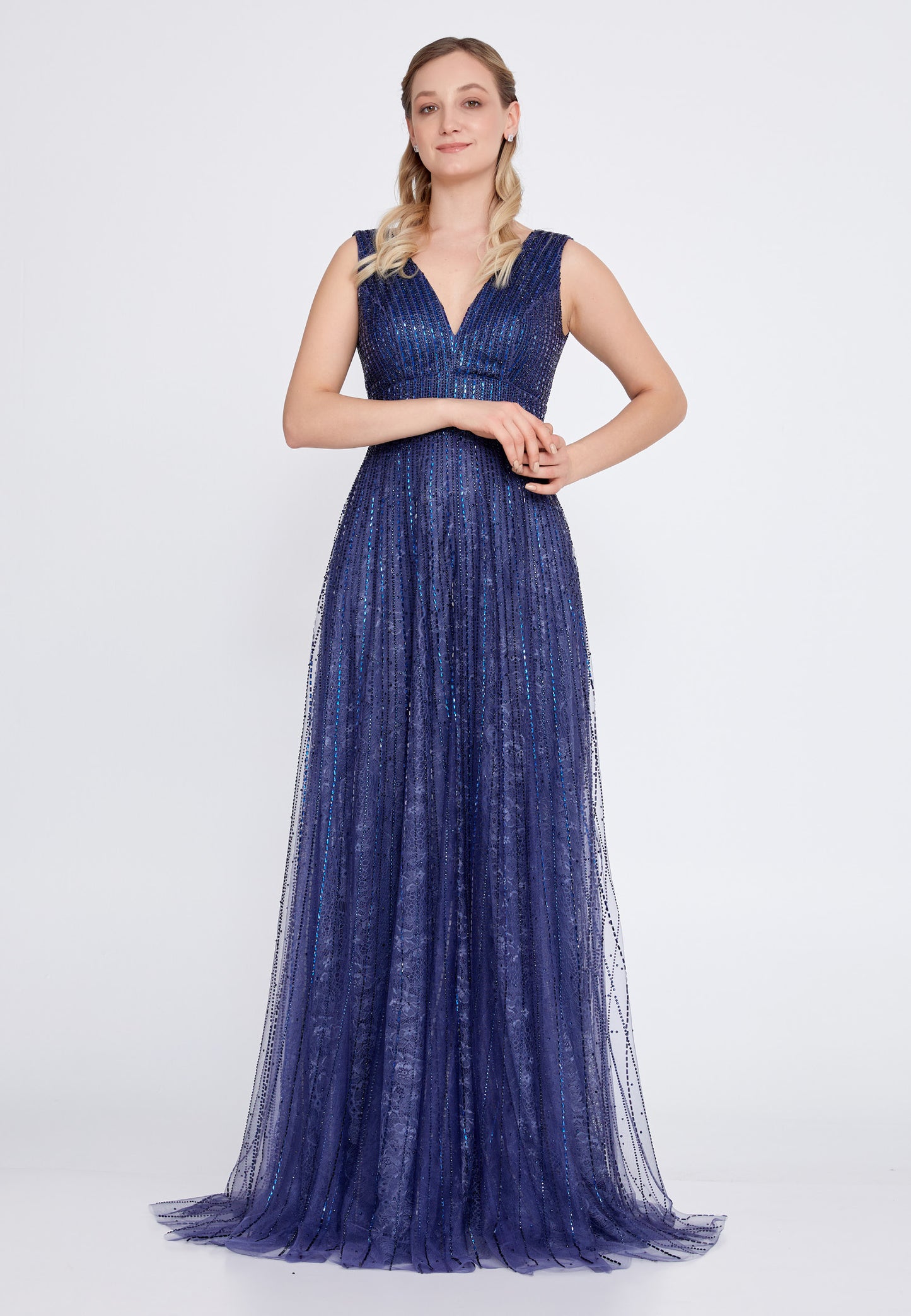 Sleeveless Maxi Tulle A - Line Navy