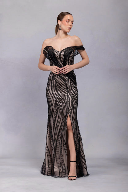 Verführerisches Abendkleid in Nude-Schwarz mit Pailletten und Schlitz