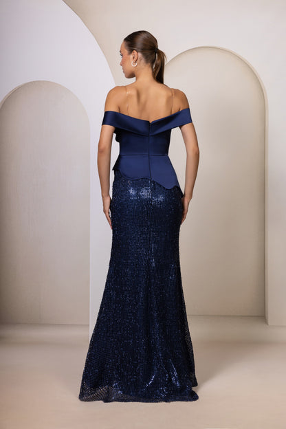 Elegantes Abendkleid in Navy mit Paillettenrock & Corsagen-Oberteil
