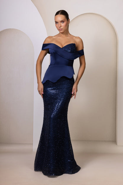 Elegantes Abendkleid in Navy mit Paillettenrock & Corsagen-Oberteil