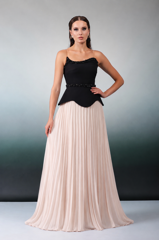 Elegantes Abendkleid mit Plissee-Rock in Schwarz & Blush