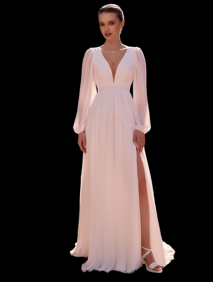 Elegantes Brautkleid "JULIANA" mit langen Ärmeln und Beinschlitz – V-Ausschnitt & Chiffon-Rock