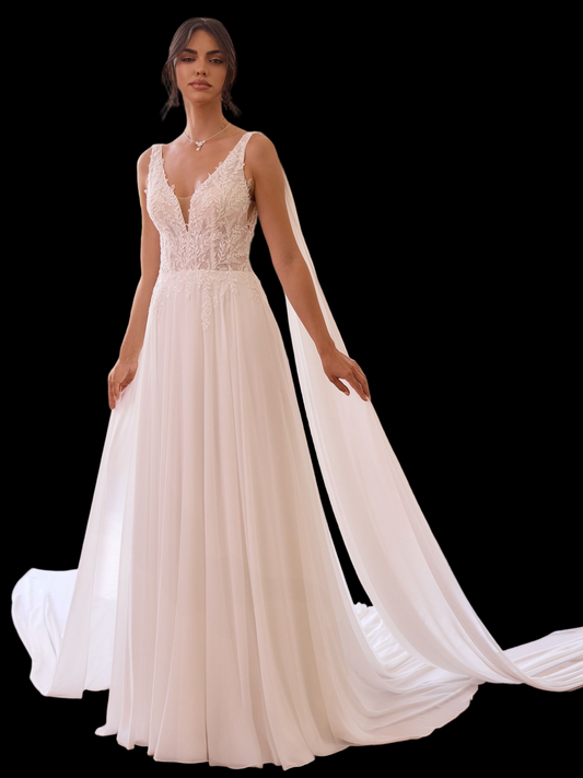 Elegantes Brautkleid "ADAN" mit Chiffon-Cape & Spitzenrücken – A-Linie in Ivory