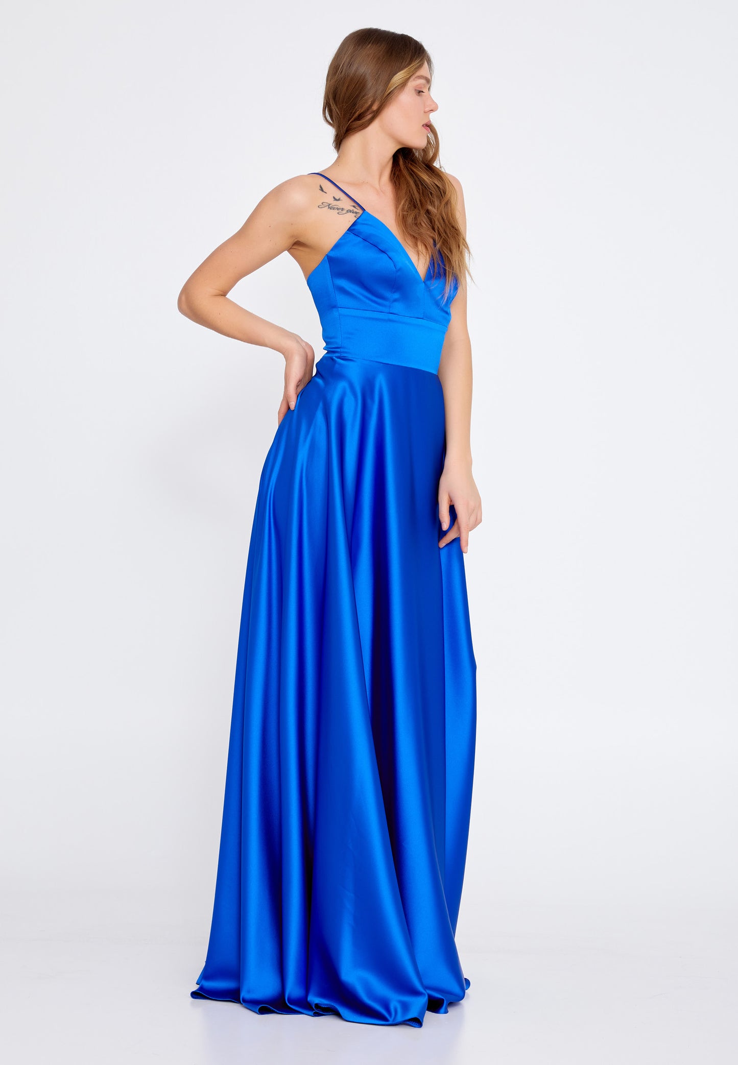 Sleeveless Maxi Satin A - Line Blue Evening Dress