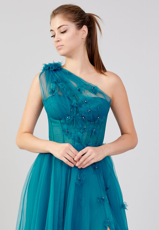 One Shoulder Maxi Tulle A - Line Blue Prom Dress