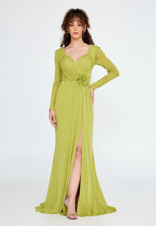 Long Sleeve Maxi Chiffon Column  Green Evening Dress