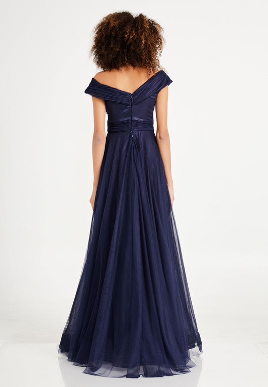 Off Shoulder Maxi Tulle A - Line Navy Prom Dress