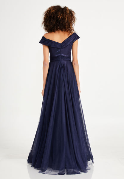 Off Shoulder Maxi Tulle A - Line Navy Prom Dress