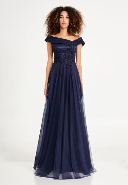 Off Shoulder Maxi Tulle A - Line Navy Prom Dress