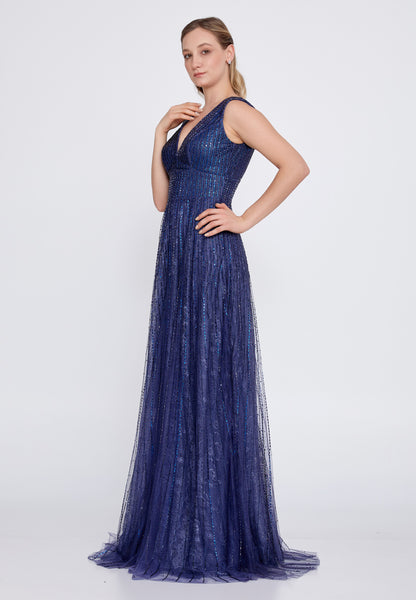 Sleeveless Maxi Tulle A - Line Navy