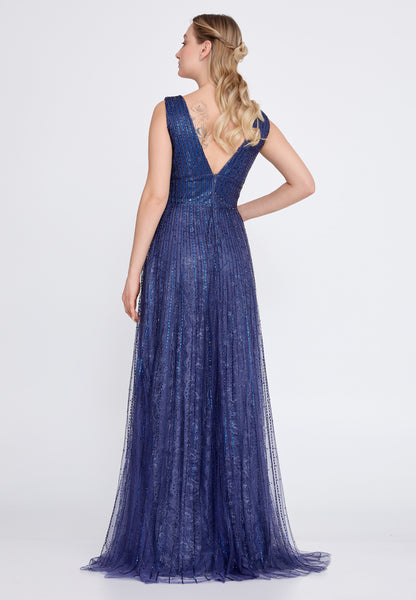 Sleeveless Maxi Tulle A - Line Navy