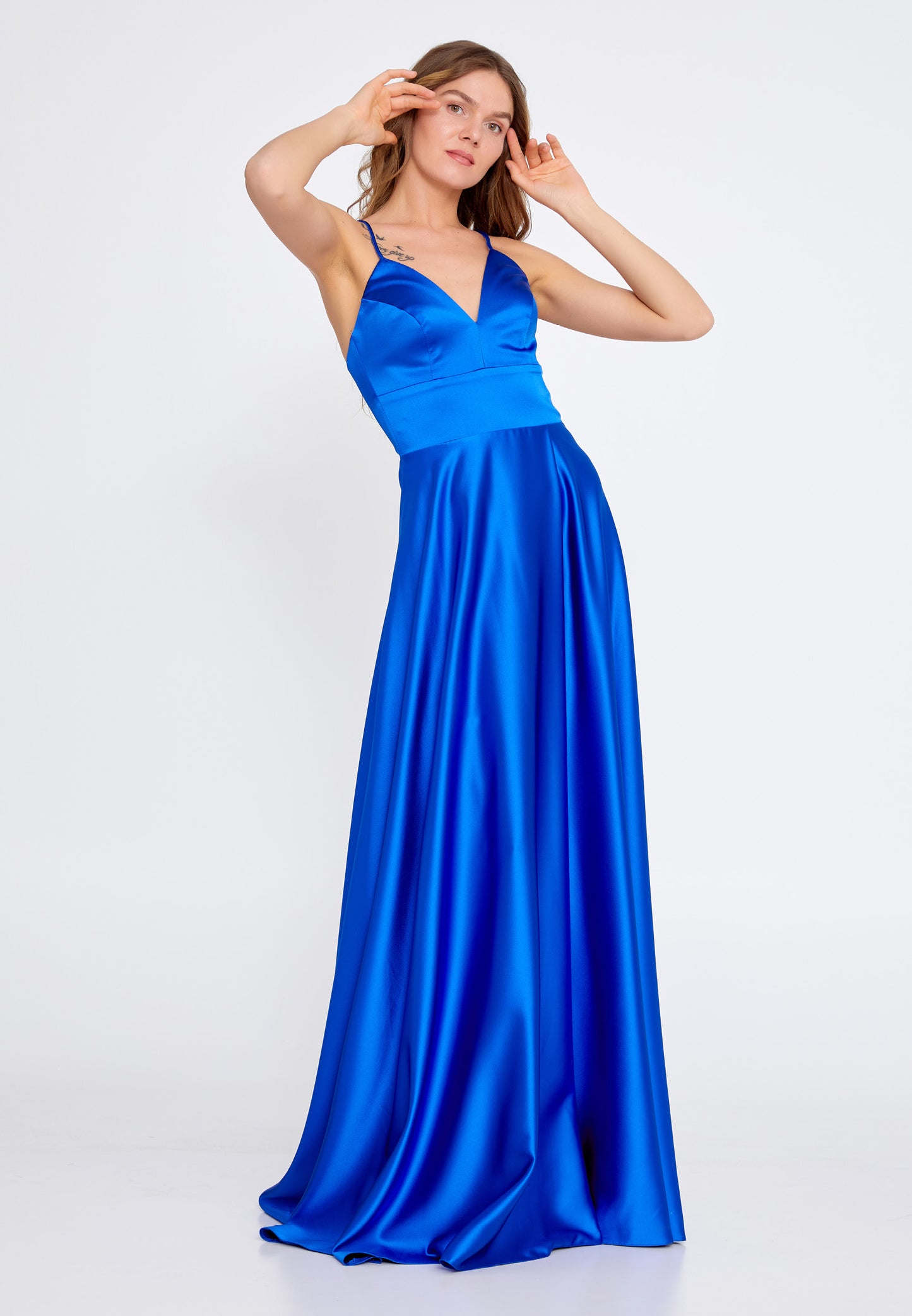 Sleeveless Maxi Satin A - Line Blue Evening Dress