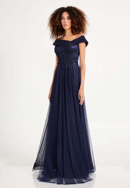 Off Shoulder Maxi Tulle A - Line Navy Prom Dress