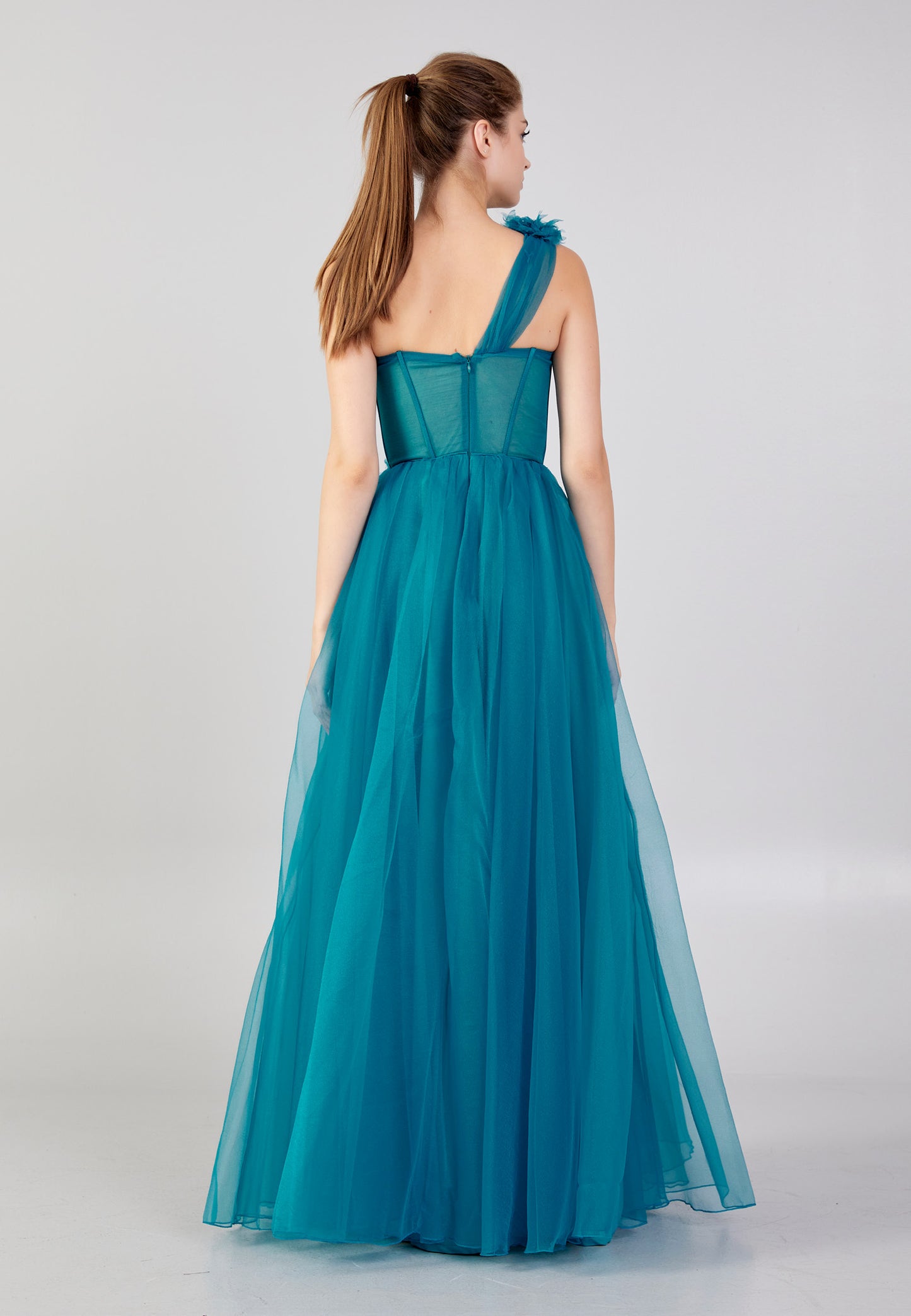 One Shoulder Maxi Tulle A - Line Blue Prom Dress