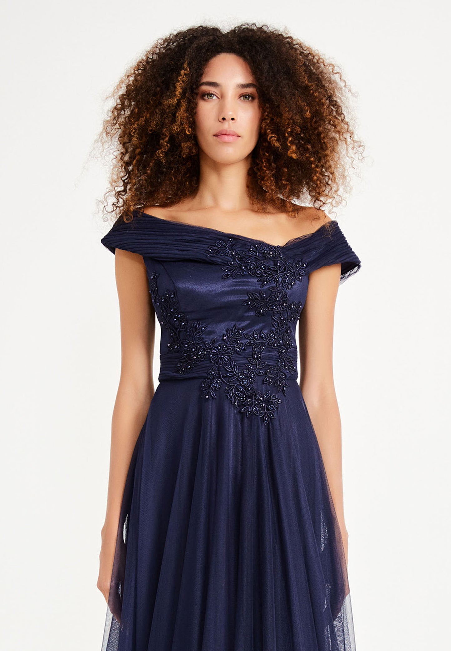 Off Shoulder Maxi Tulle A - Line Navy Prom Dress