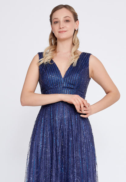 Sleeveless Maxi Tulle A - Line Navy